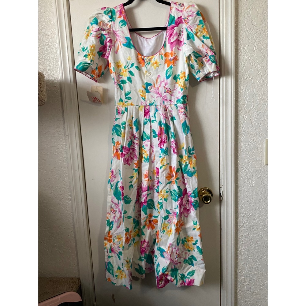Vintage Lanz Floral Puff Sleeve Midi Dress Pink Orange‎ Cotton Size 6 NWT 8141
